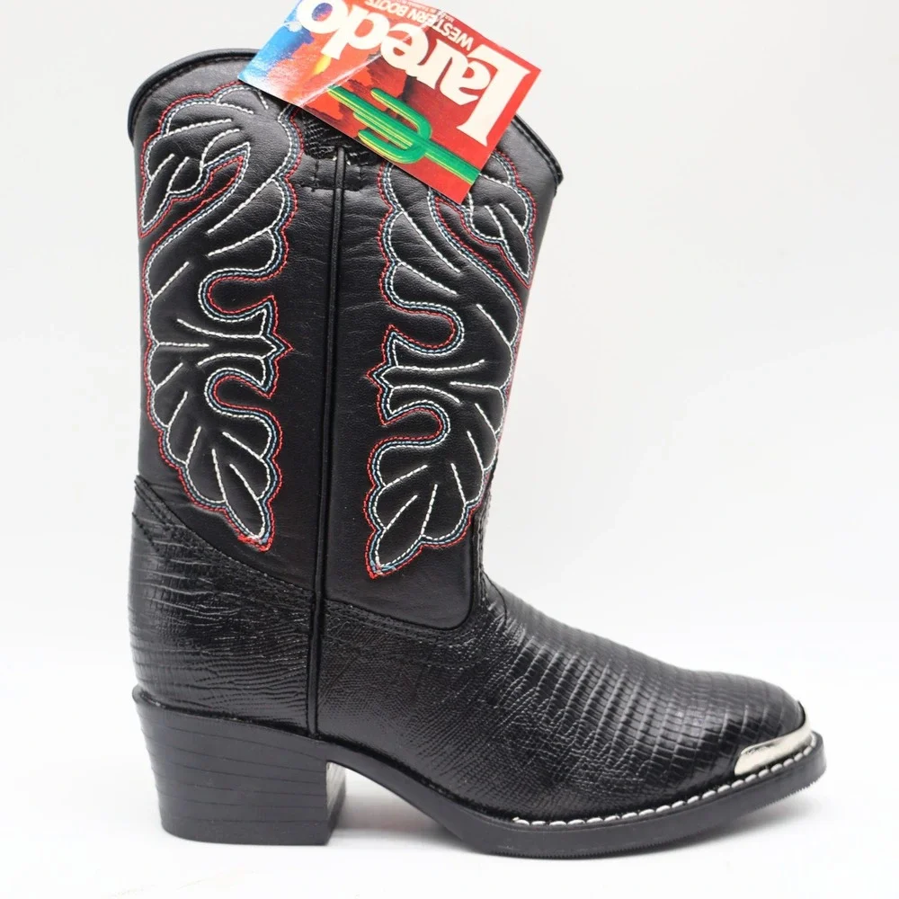 Laredo Western Cowboy Boots Kids Size 2D Vintage Black Lizard Embossed 28-2230-6